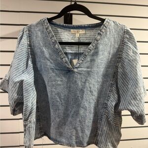 Acid Wash Denim V-Neck Top